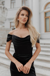 Chic Black Mermaid Strapless Off-The-Shoulder Sleeveless Satin Simple Long Prom Dresses With Slit